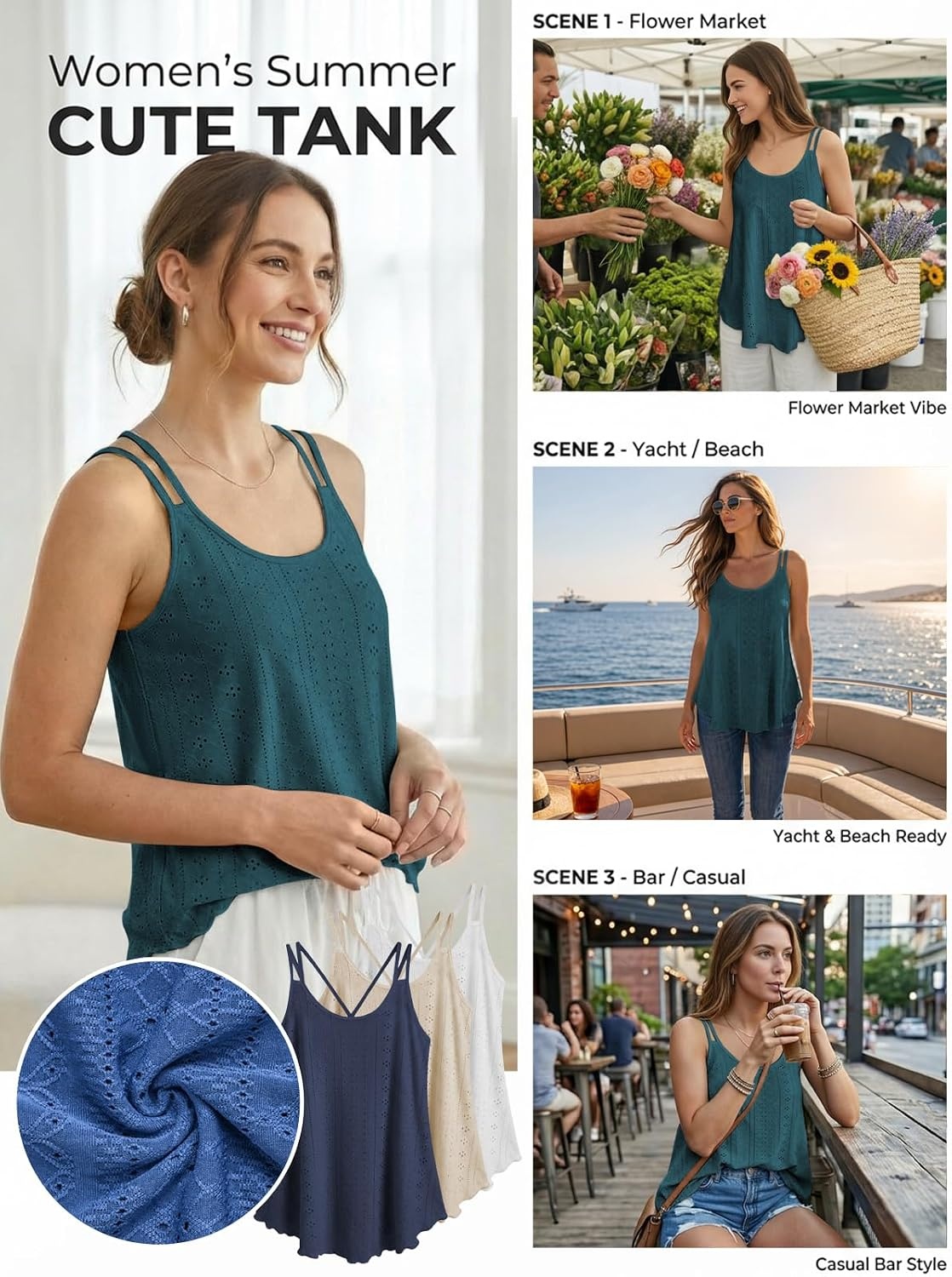 image:imageATHMILE Womens Tank Tops Sleeveless Summer Top Spaghetti Strap Spring Shirt Loose Fit Beach Vacation 2026 CasualPeacock Blue