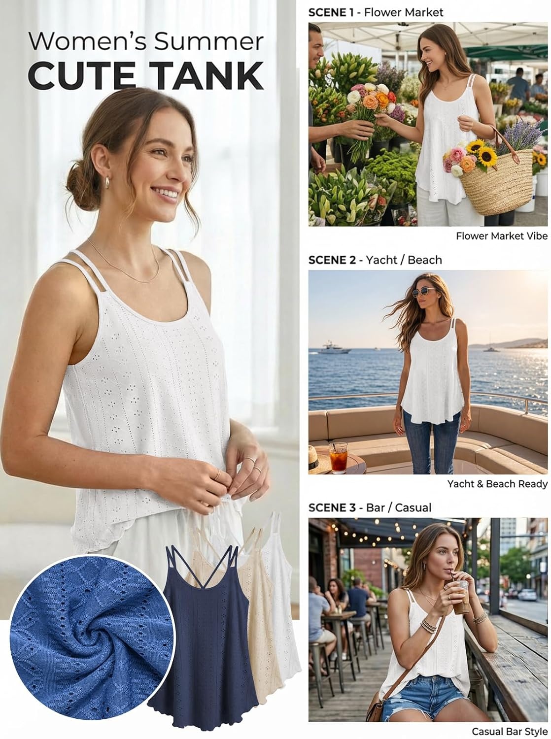 image:imageATHMILE Womens Tank Tops Sleeveless Summer Top Spaghetti Strap Spring Shirt Loose Fit Beach Vacation 2026 CasualWhite
