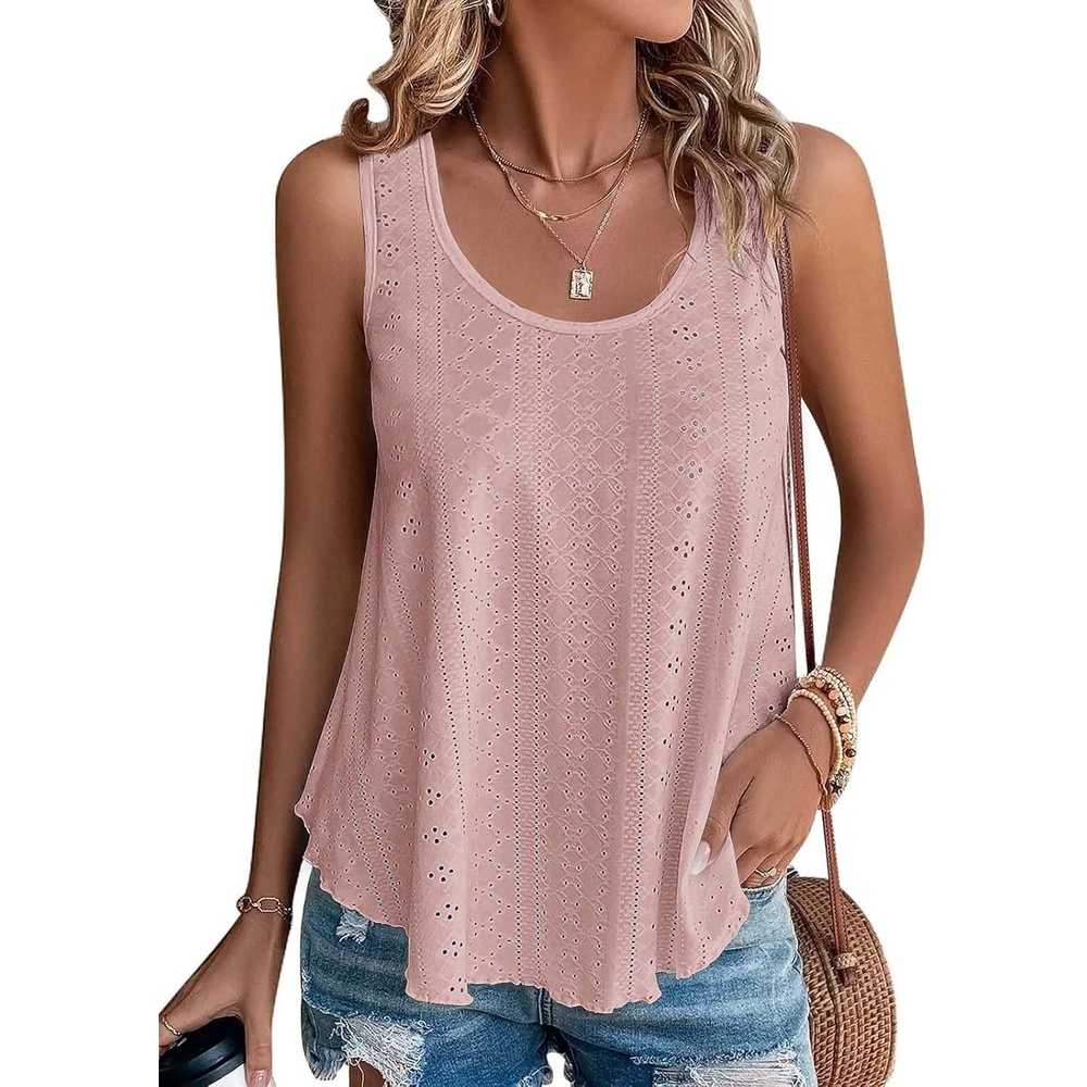 image:imageATHMILE Womens Tank Tops Sleeveless Eyelet Embroidery Scoop Neck Loose Fit Casual Summer Flowy Beach DarkPink