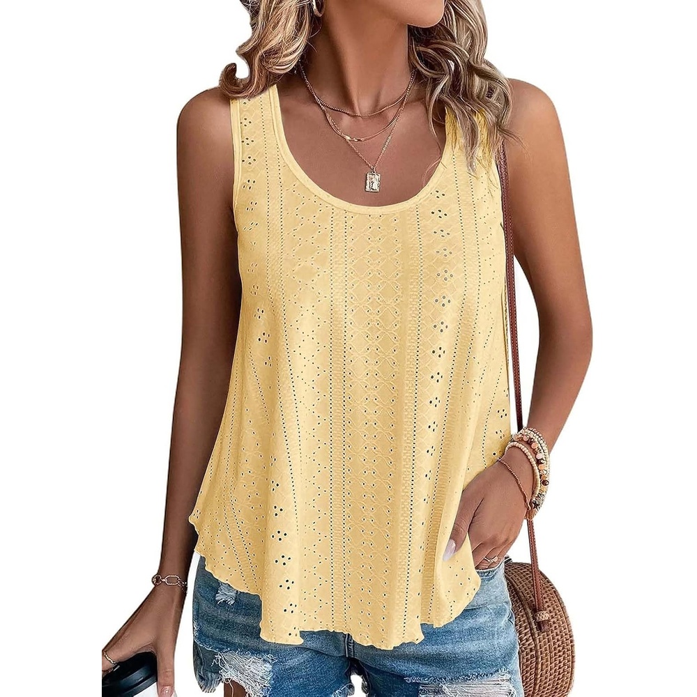 image:imageATHMILE Womens Tank Tops Sleeveless Eyelet Embroidery Scoop Neck Loose Fit Casual Summer Flowy Beach Yellow