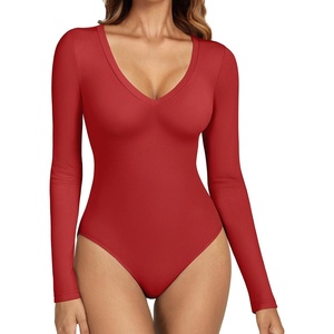 ATHMILE Deep V Neck Long Sleeve Bodysuits for Women Sexy Going Out Tops Body Suits(Red)