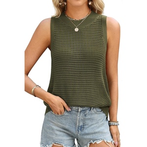 ATHMILE Summer Crochet Tank Tops for Women 2026 Casual Crewneck Hollow Out Loose Knit Sleeveless Sweater Vest Top Trendy(Army Green)