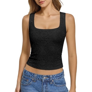 ATHMILE Tank Top for Women Crop Square Neck Lace Trim Spring Summer Sleeveless Double Lined Basic Going Out Y2k Outfits 2026(Black)