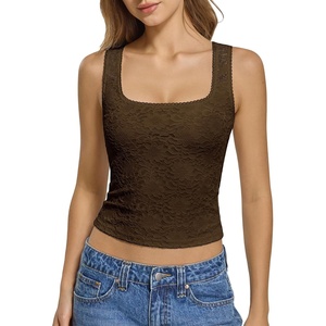 ATHMILE Tank Top for Women Crop Square Neck Lace Trim Spring Summer Sleeveless Double Lined Basic Going Out Y2k Outfits 2026(Brown)