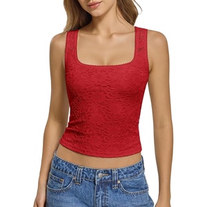 ATHMILE Tank Top for Women Crop Square Neck Lace Trim Spring Summer Sleeveless Double Lined Basic Going Out Y2k Outfits 2026(Red)
