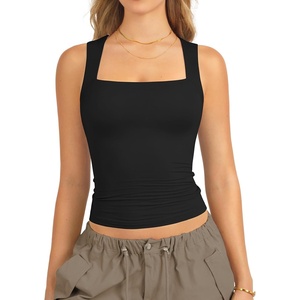 ATHMILE Tank Tops for Women Square Neck Sleeveless Double-Layer Tank Tops Basic Tight T Shirts(Black)