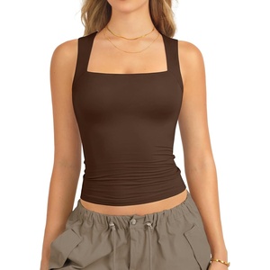 ATHMILE Tank Tops for Women Square Neck Sleeveless Double-Layer Tank Tops Basic Tight T Shirts(Chestnut)