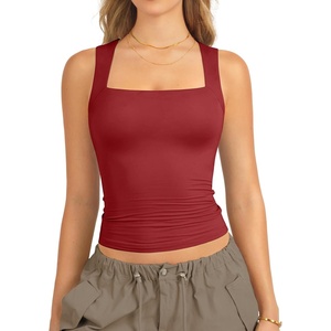 ATHMILE Tank Tops for Women Square Neck Sleeveless Double-Layer Tank Tops Basic Tight T Shirts(Red)