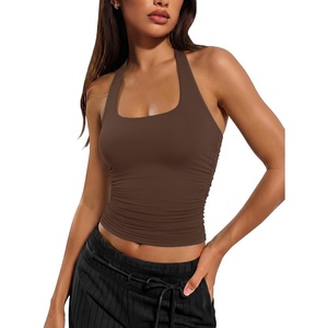 ATHMILE Womens Halter Tank Tops Sexy Backless Double Lined Basic Shirts Y2K Trendy Going Out Tops(Brown)