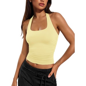 ATHMILE Womens Halter Tank Tops Sexy Backless Double Lined Basic Shirts Y2K Trendy Going Out Tops(Light Yellow)