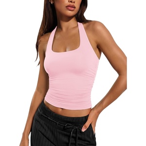 ATHMILE Womens Halter Tank Tops Sexy Backless Double Lined Basic Shirts Y2K Trendy Going Out Tops(Pink)