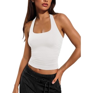 ATHMILE Womens Halter Tank Tops Sexy Backless Double Lined Basic Shirts Y2K Trendy Going Out Tops(White)