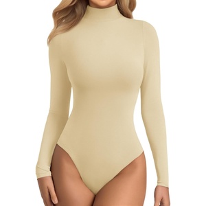 ATHMILE Women’s Mock Turtle Neck Long Sleeve Tops Bodysuit Jumpsuit(Apricot)