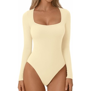 ATHMILE Women’s Square Neck Long Sleeve Bodysuit Ribbed Slim Fitted Tops(Apricot)