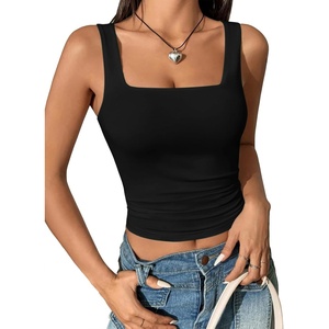 ATHMILE Women’s Square Neck Tank Top Sleeveless Double Lined Basic Tops(Black)