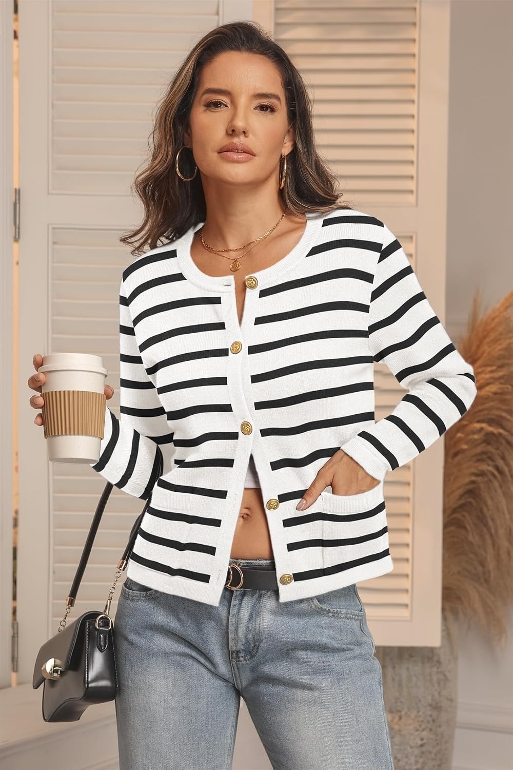 image:imageATHMILE Women Striped Cardigan Sweaters Button Down Cropped Fall Fashion Outfits Winter Clothes Knit Lady Jackets Coat 2025Black White Stripe