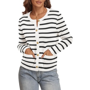 ATHMILE Women Striped Cardigan Sweaters Button Down Cropped Fall Fashion Outfits Winter Clothes Knit Lady Jackets Coat 2025(Black White Stripe)