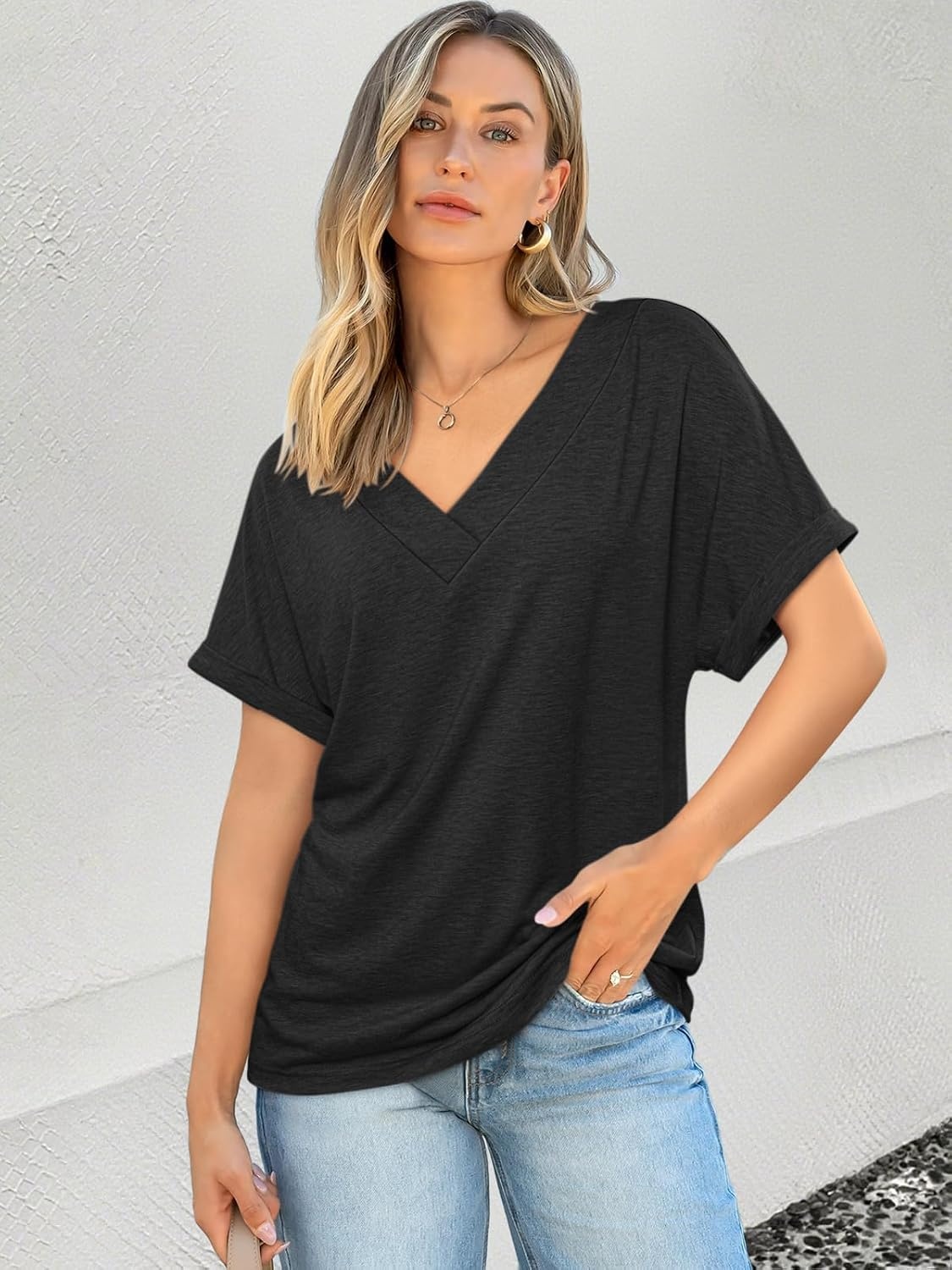 image:imageATHMILE V Neck T Shirts for Women Summer Tops Soft Casual Short Sleeve Cute Basic Trendy Outfits 2025Black