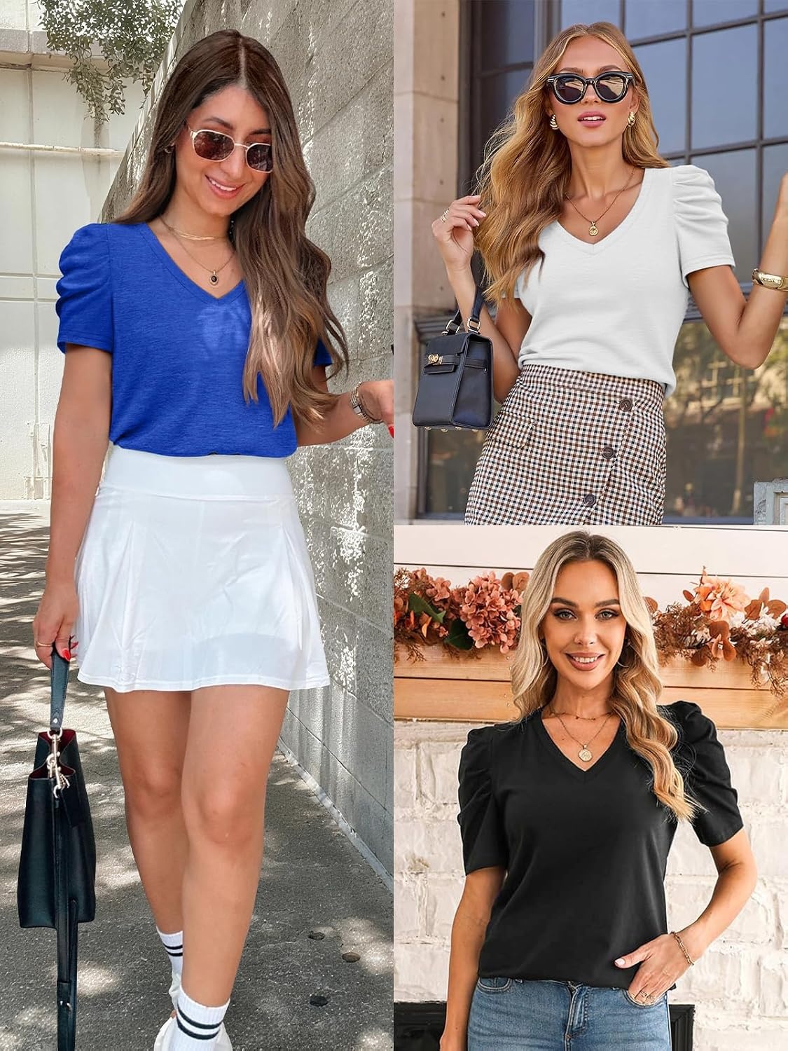 image:imageATHMILE Womens Blouse Dressy Casual V Neck Puff Short Sleeve Tshirts Boho Fashion Summer Spring Tunic Top ClothesDark Green