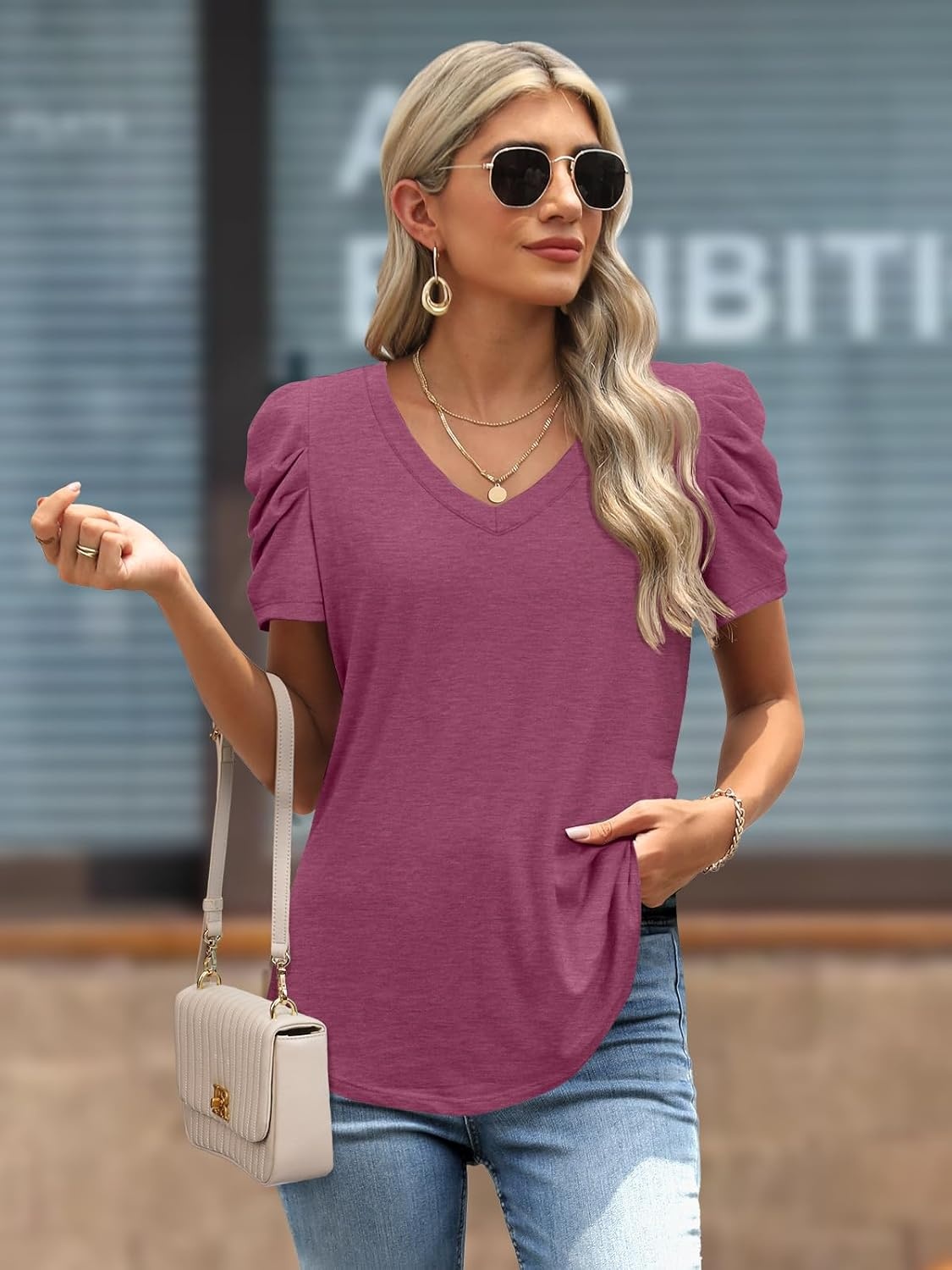 image:imageATHMILE Womens Blouse Dressy Casual V Neck Puff Short Sleeve Tshirts Boho Fashion Summer Spring Tunic Top ClothesPurple Red