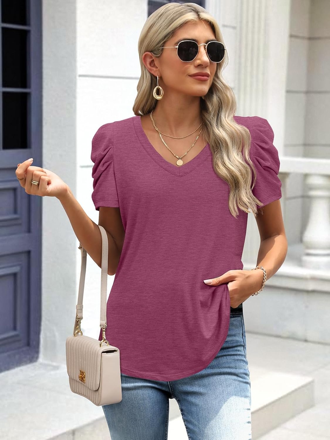image:imageATHMILE Womens Blouse Dressy Casual V Neck Puff Short Sleeve Tshirts Boho Fashion Summer Spring Tunic Top ClothesPurple Red