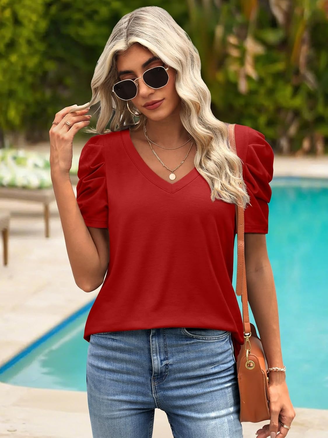 image:imageATHMILE Womens Blouse Dressy Casual V Neck Puff Short Sleeve Tshirts Boho Fashion Summer Spring Tunic Top ClothesRed