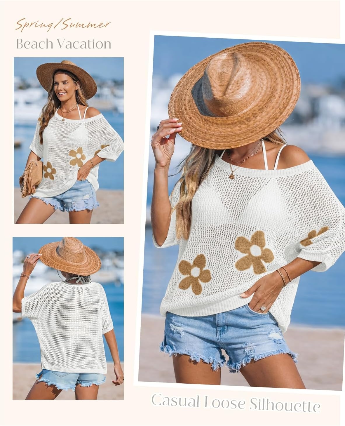 image:imageATHMILE Womens Floral Spring Tops Summer Fashion Shirts Short Sleeve Beach Vacation Crochet Knit Sweater Lightweight PulloverWhite
