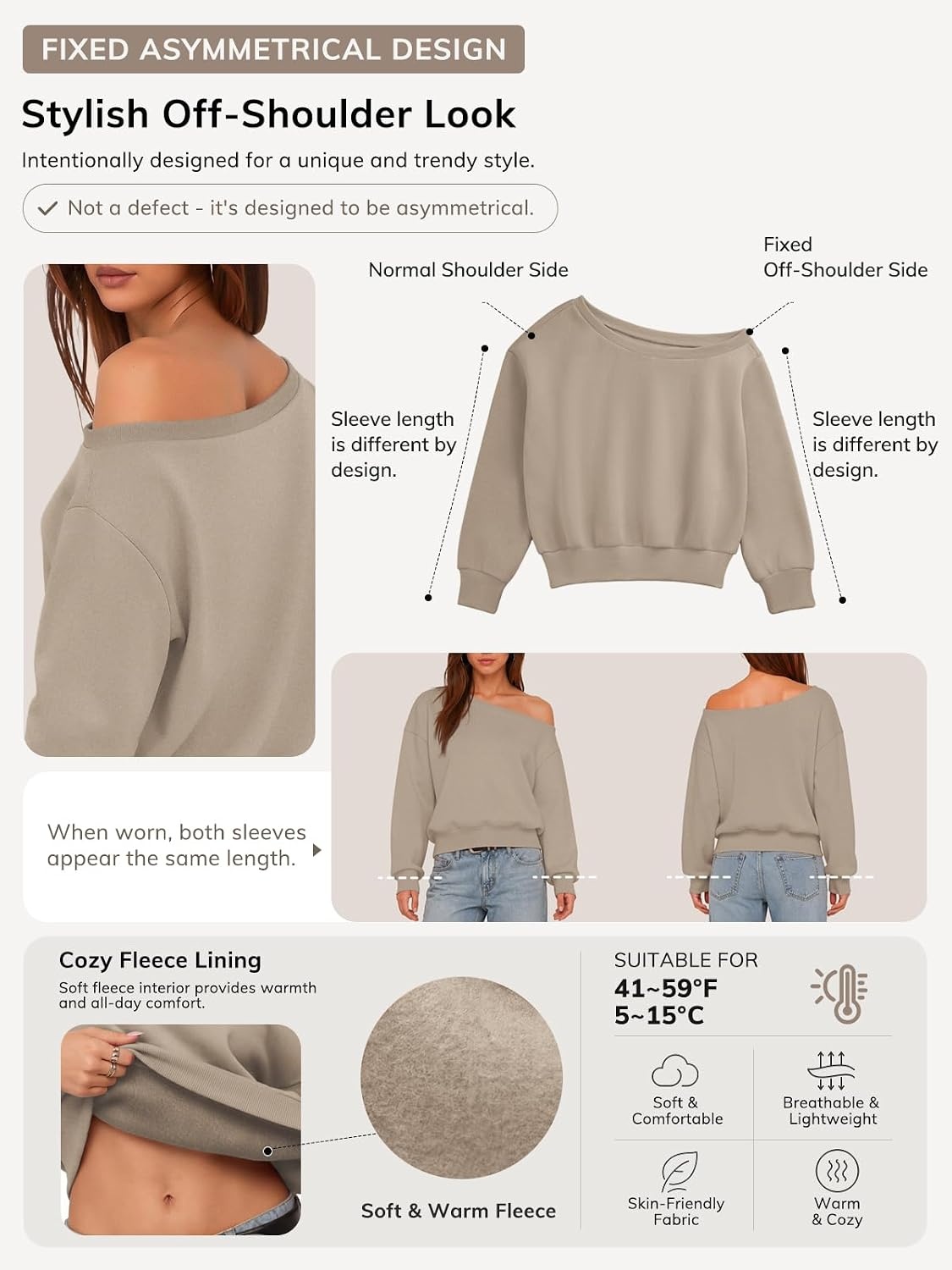 image:imageATHMILE Womens Off the Shoulder Fleece Sweatshirt Crop Top Long Sleeve Pullover Comfy Sexy Y2K Casual Fall Outfits 2026Coffee Grey