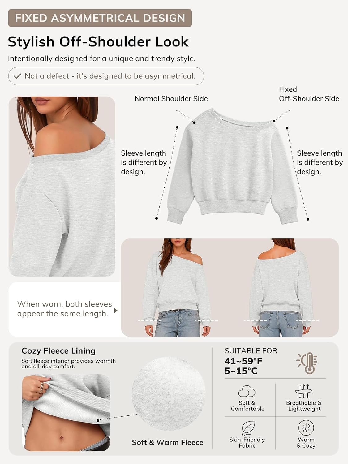 image:imageATHMILE Womens Off the Shoulder Fleece Sweatshirt Crop Top Long Sleeve Pullover Comfy Sexy Y2K Casual Fall Outfits 2026Gray