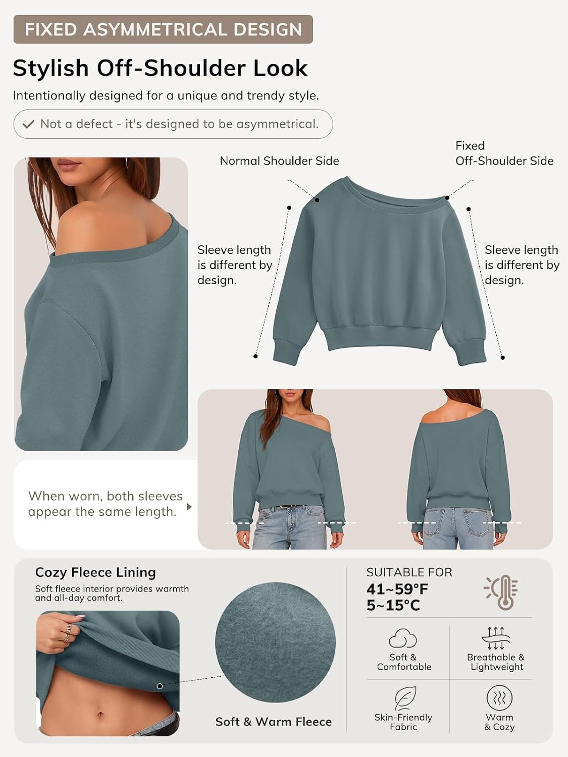 image:imageATHMILE Womens Off the Shoulder Fleece Sweatshirt Crop Top Long Sleeve Pullover Comfy Sexy Y2K Casual Fall Outfits 2026Gray Blue