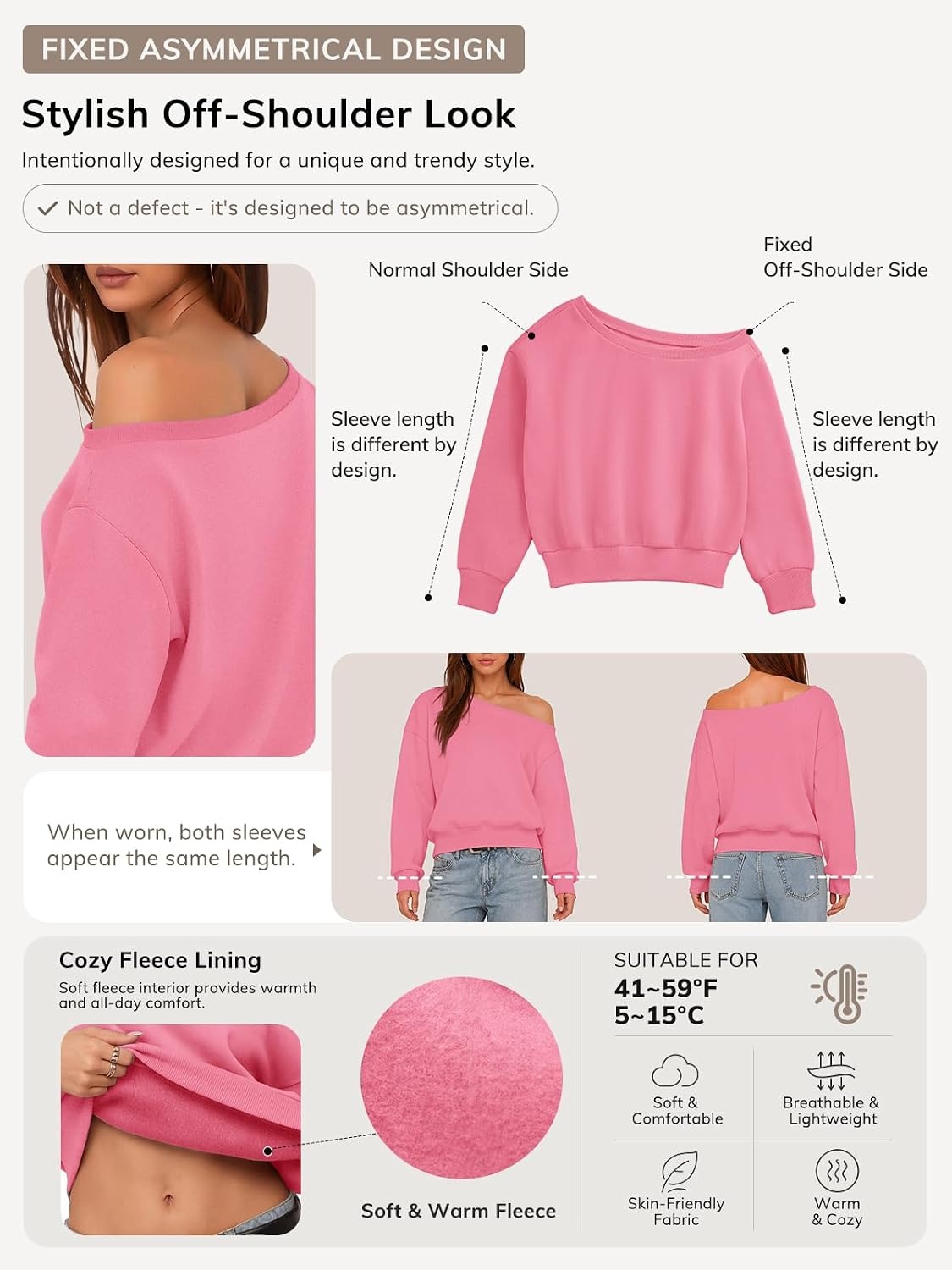 image:imageATHMILE Womens Off the Shoulder Fleece Sweatshirt Crop Top Long Sleeve Pullover Comfy Sexy Y2K Casual Fall Outfits 2026Pink
