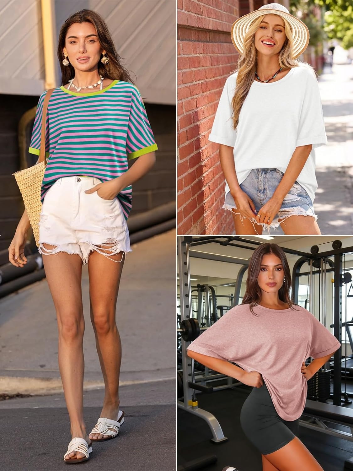 image:imageATHMILE Womens Oversized T Shirts Summer Tops Spring Casual Loose Fit Workout Short Sleeve 2026 Beach VacationStriped Blue White