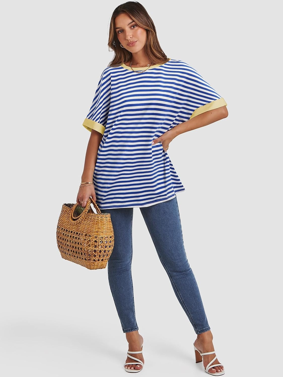 image:imageATHMILE Womens Oversized T Shirts Summer Tops Spring Casual Loose Fit Workout Short Sleeve 2026 Beach VacationStriped Blue White