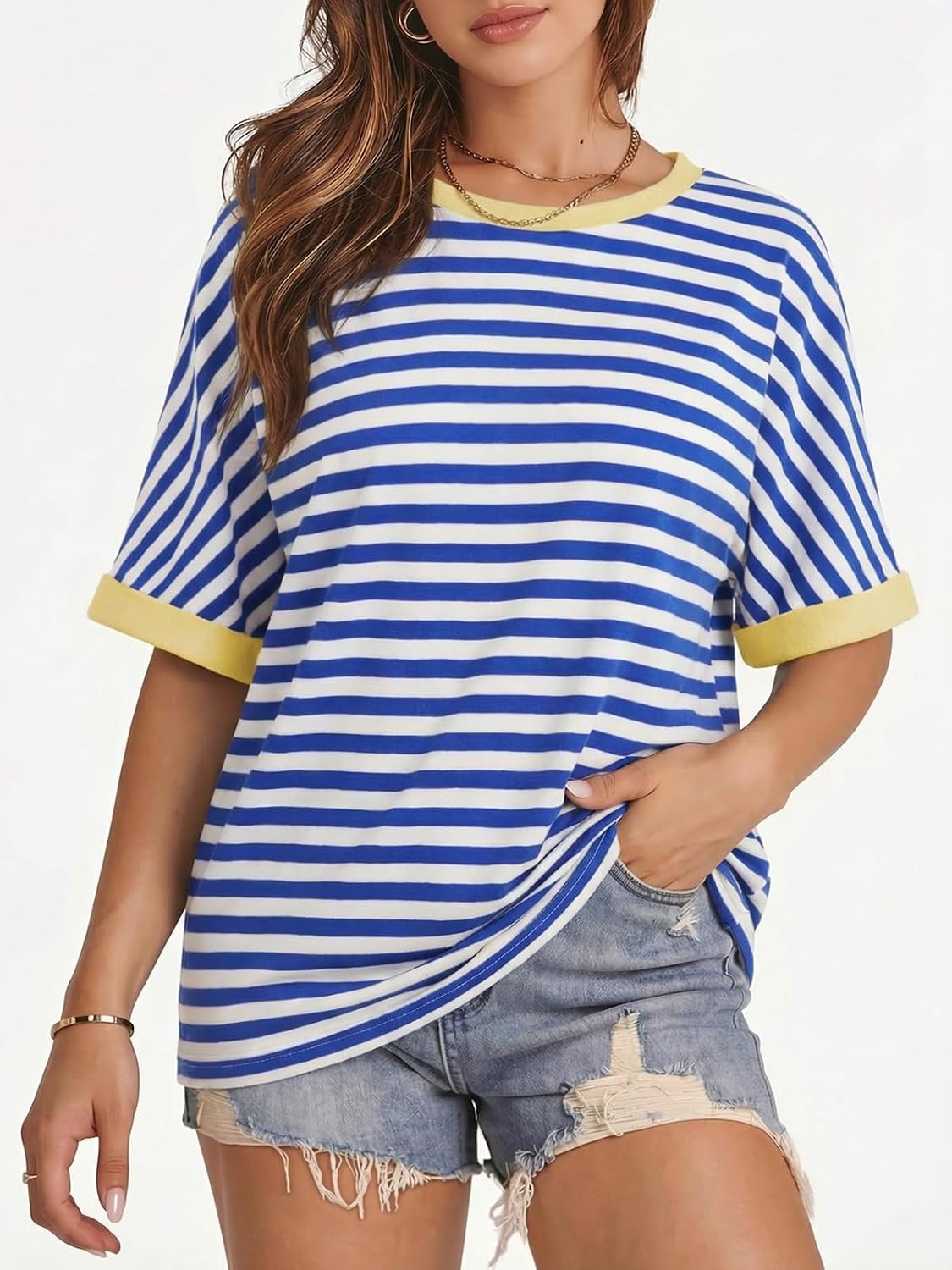 image:imageATHMILE Womens Oversized T Shirts Summer Tops Spring Casual Loose Fit Workout Short Sleeve 2026 Beach VacationStriped Blue White