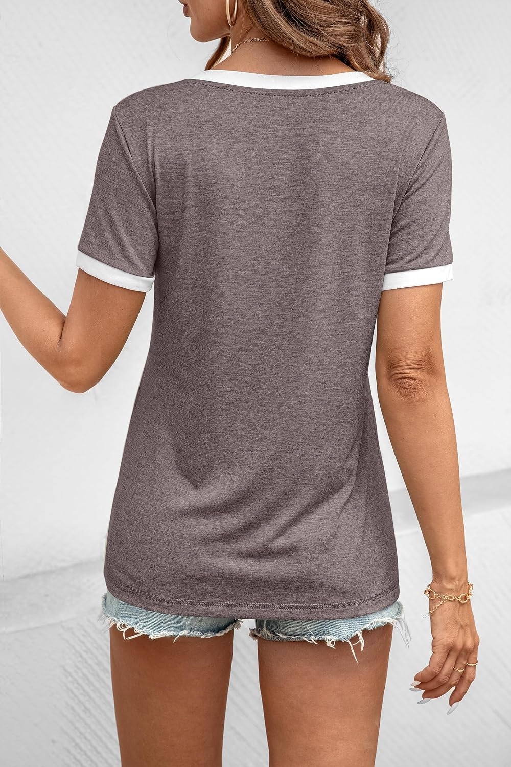 image:imageATHMILE Womens Short Sleeve TShirts Spring Summer Tops Casual Soft Tunic V Neck Basic Workout Clothes Fashion Outfits 2026 Gray Purple