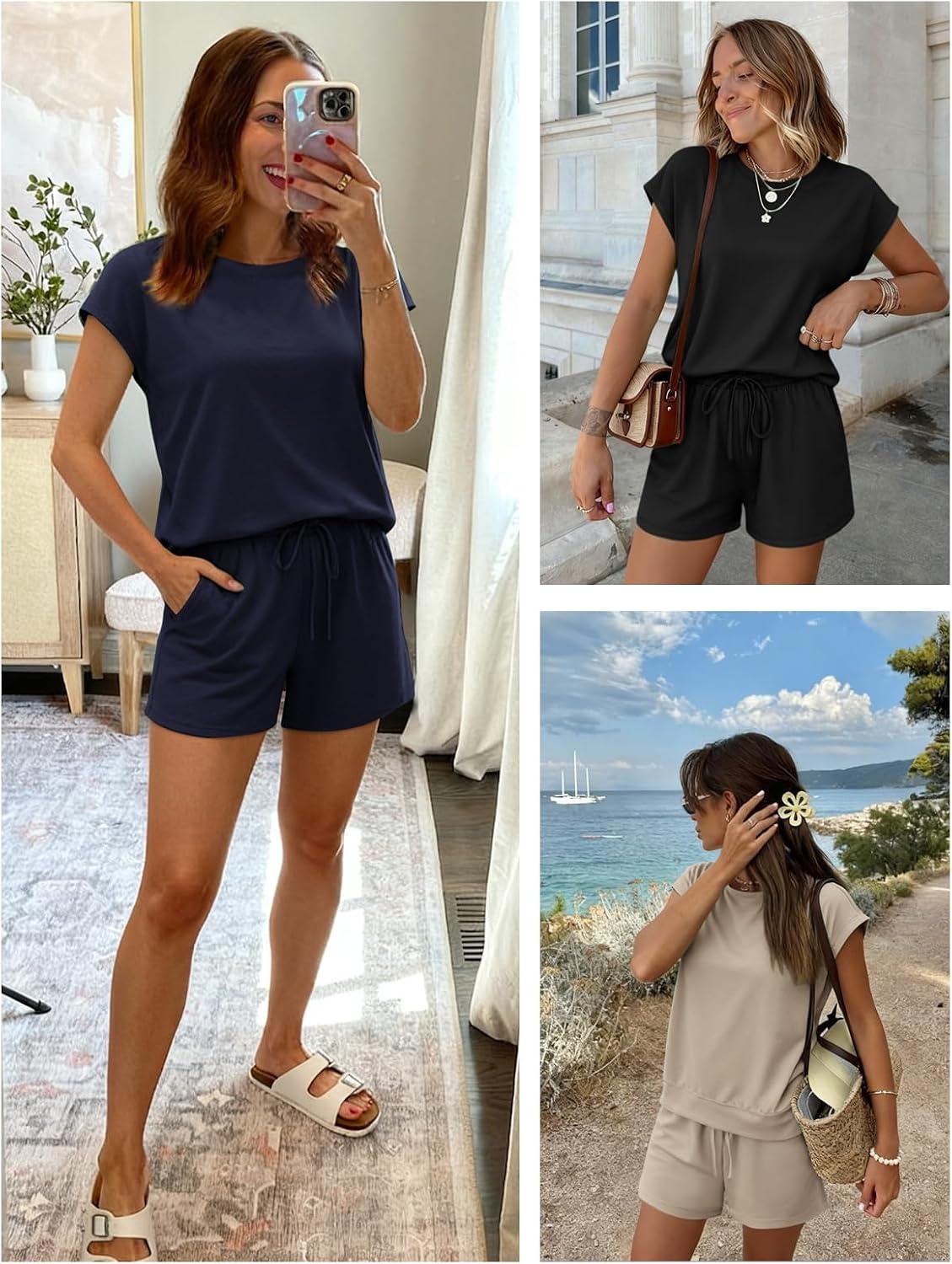 image:imageATHMILE Womens Two Piece Sets Summer Crew Neck Cap Sleeve Tops Lounge Shorts Beach Vacation Rompers Outfits With PocketsBlack
