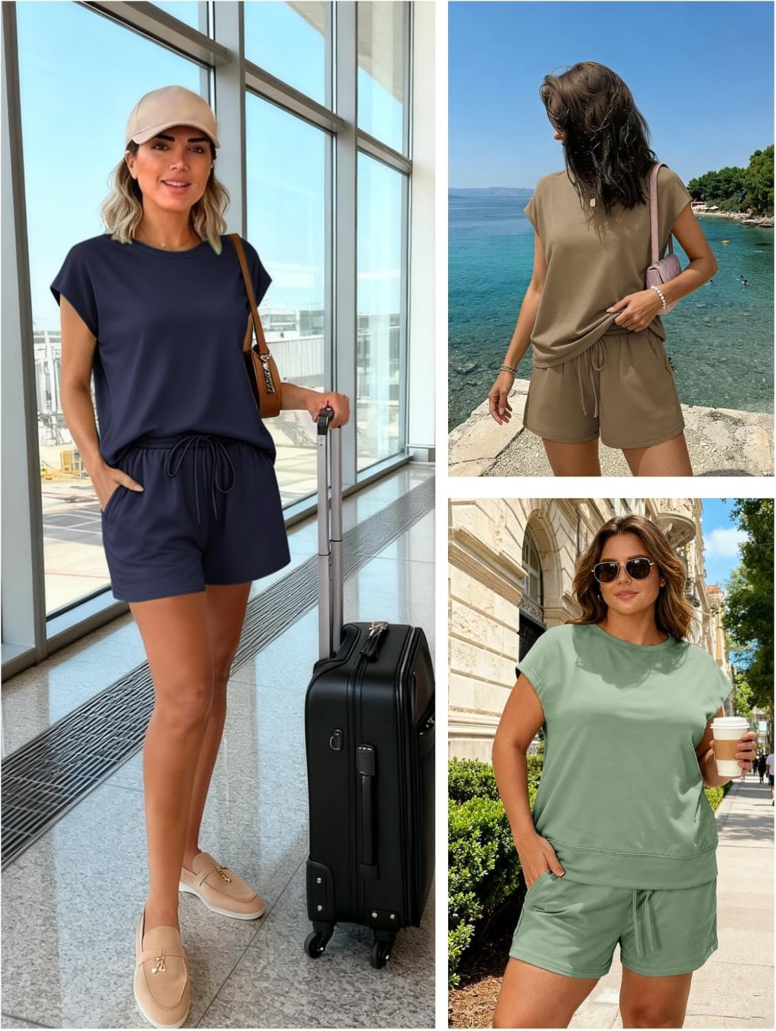 image:imageATHMILE Womens Two Piece Sets Summer Crew Neck Cap Sleeve Tops Lounge Shorts Beach Vacation Rompers Outfits With PocketsBlack