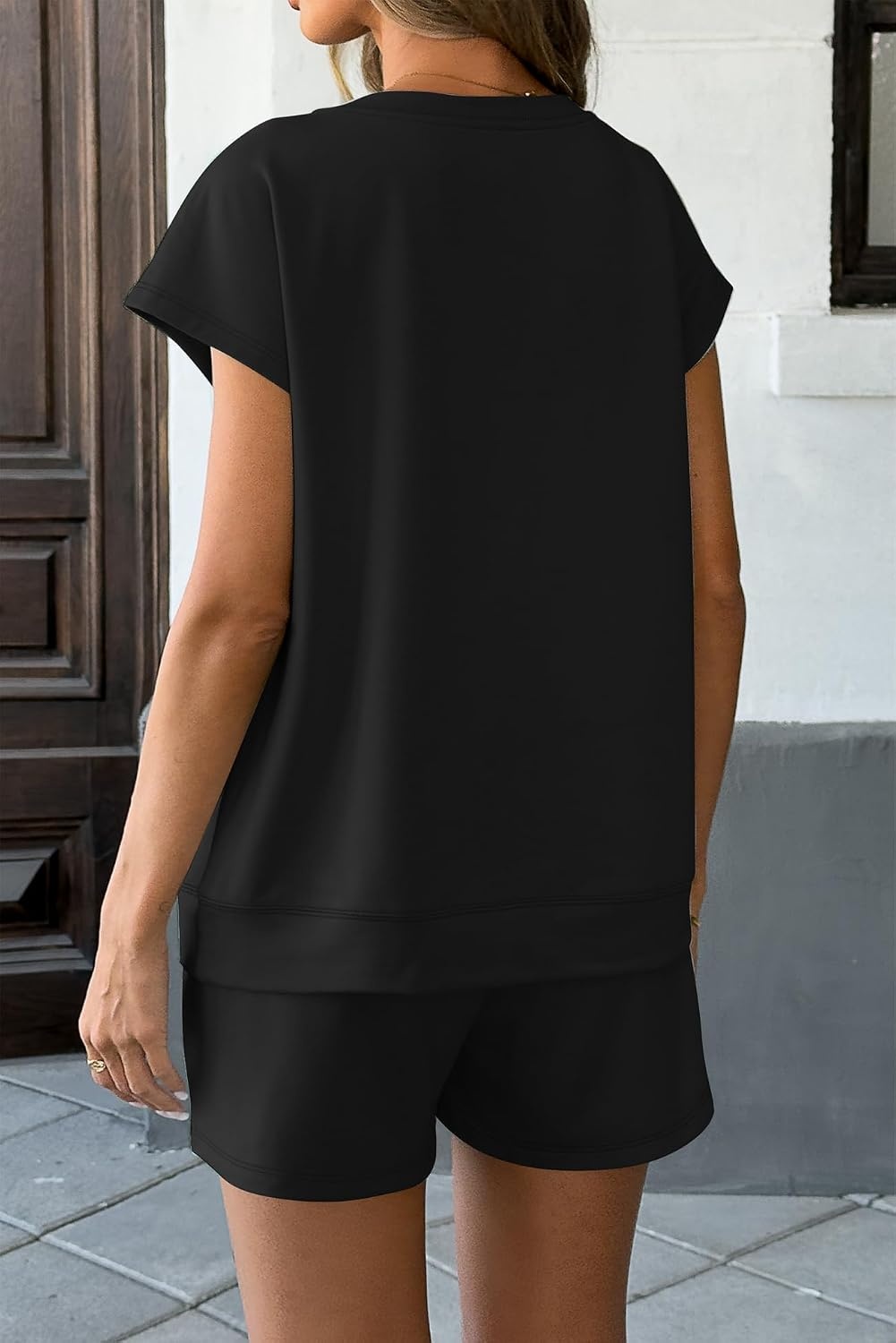 image:imageATHMILE Womens Two Piece Sets Summer Crew Neck Cap Sleeve Tops Lounge Shorts Beach Vacation Rompers Outfits With PocketsBlack
