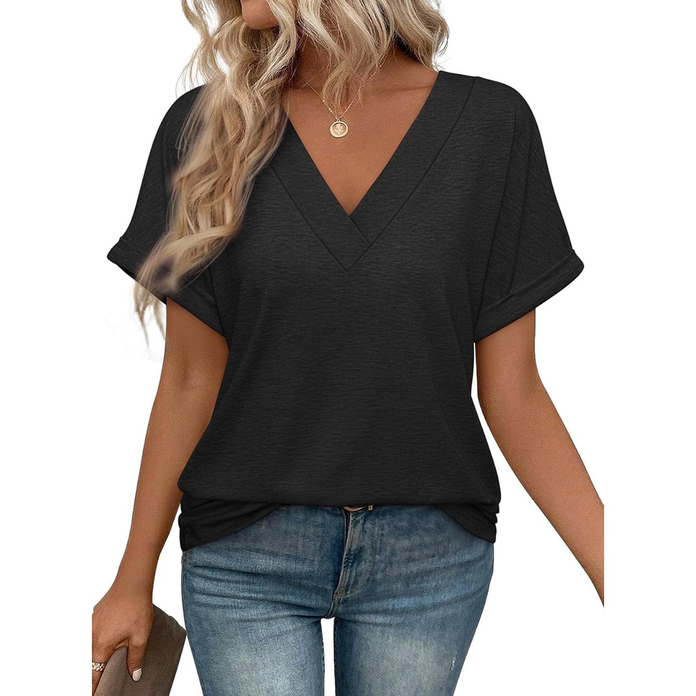 image:imageATHMILE V Neck T Shirts for Women Summer Tops Soft Casual Short Sleeve Cute Basic Trendy Outfits 2025Black