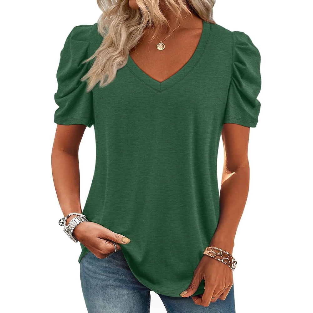image:imageATHMILE Womens Blouse Dressy Casual V Neck Puff Short Sleeve Tshirts Boho Fashion Summer Spring Tunic Top ClothesDark Green