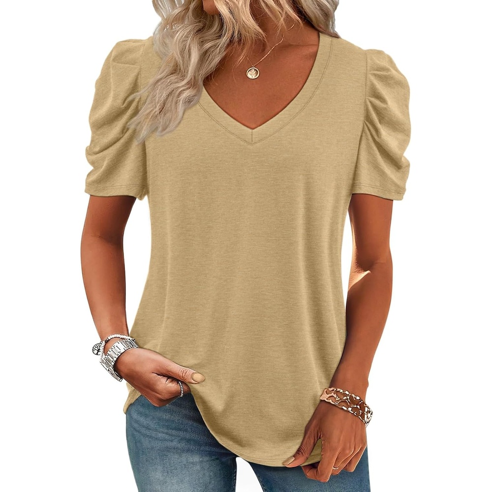 image:imageATHMILE Womens Blouse Dressy Casual V Neck Puff Short Sleeve Tshirts Boho Fashion Summer Spring Tunic Top ClothesKhaki