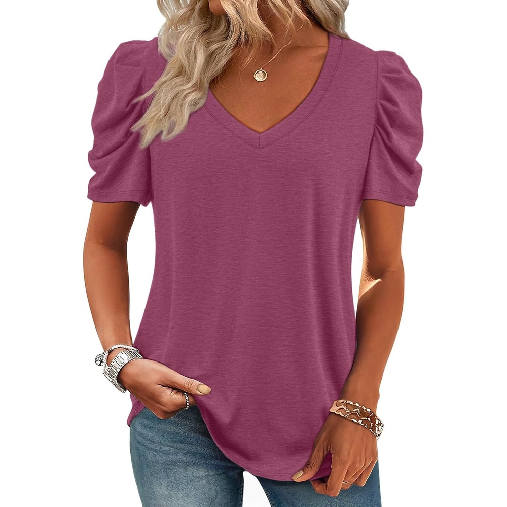 image:imageATHMILE Womens Blouse Dressy Casual V Neck Puff Short Sleeve Tshirts Boho Fashion Summer Spring Tunic Top ClothesPurple Red