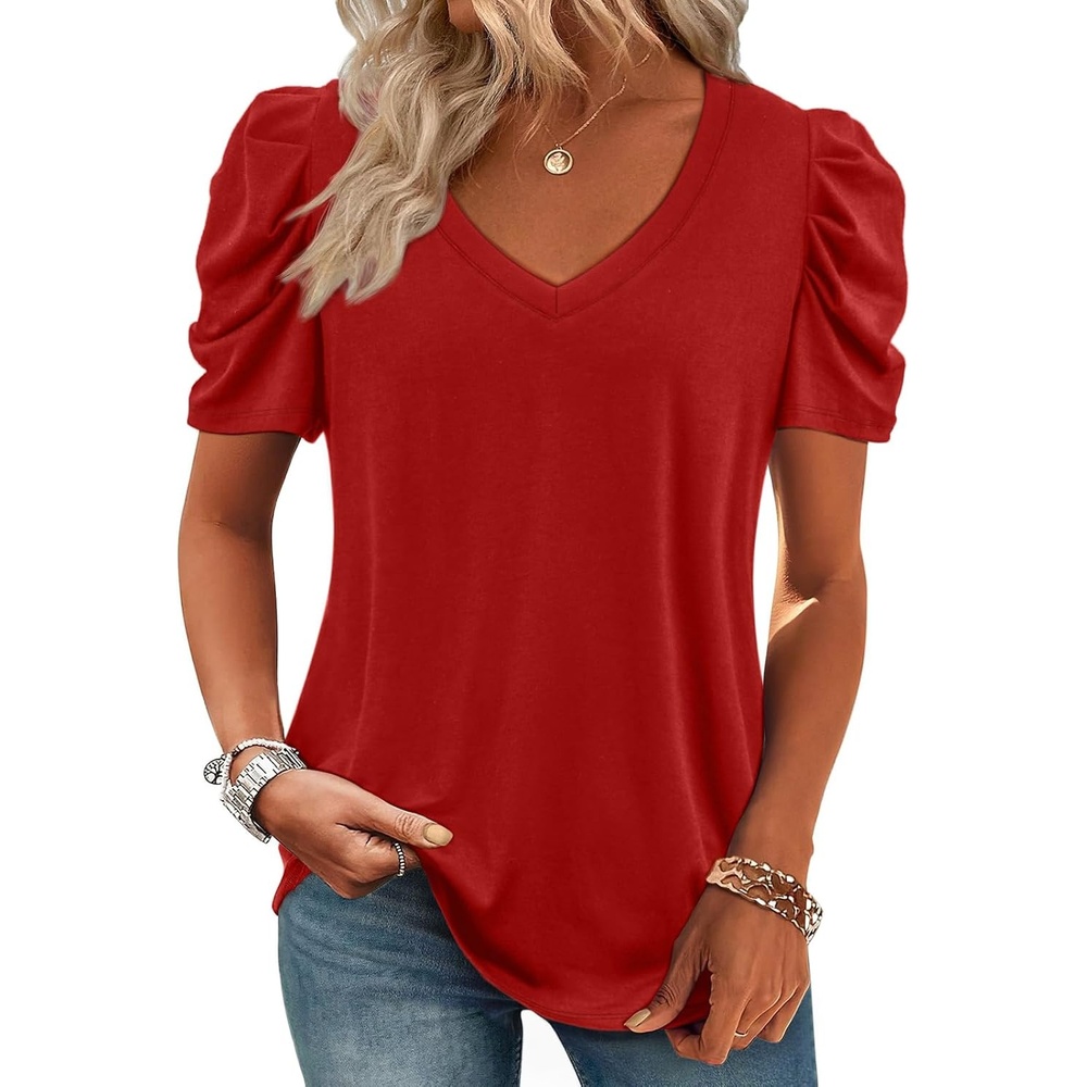 image:imageATHMILE Womens Blouse Dressy Casual V Neck Puff Short Sleeve Tshirts Boho Fashion Summer Spring Tunic Top ClothesRed