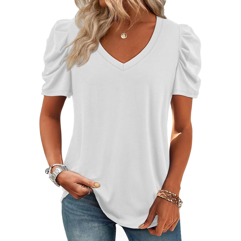 image:imageATHMILE Womens Blouse Dressy Casual V Neck Puff Short Sleeve Tshirts Boho Fashion Summer Spring Tunic Top ClothesWhite