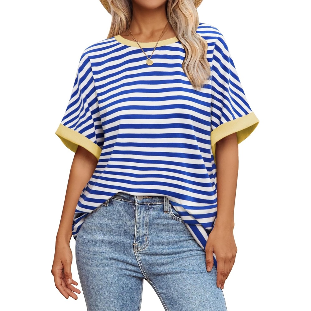 image:imageATHMILE Womens Oversized T Shirts Summer Tops Spring Casual Loose Fit Workout Short Sleeve 2026 Beach VacationStriped Blue White