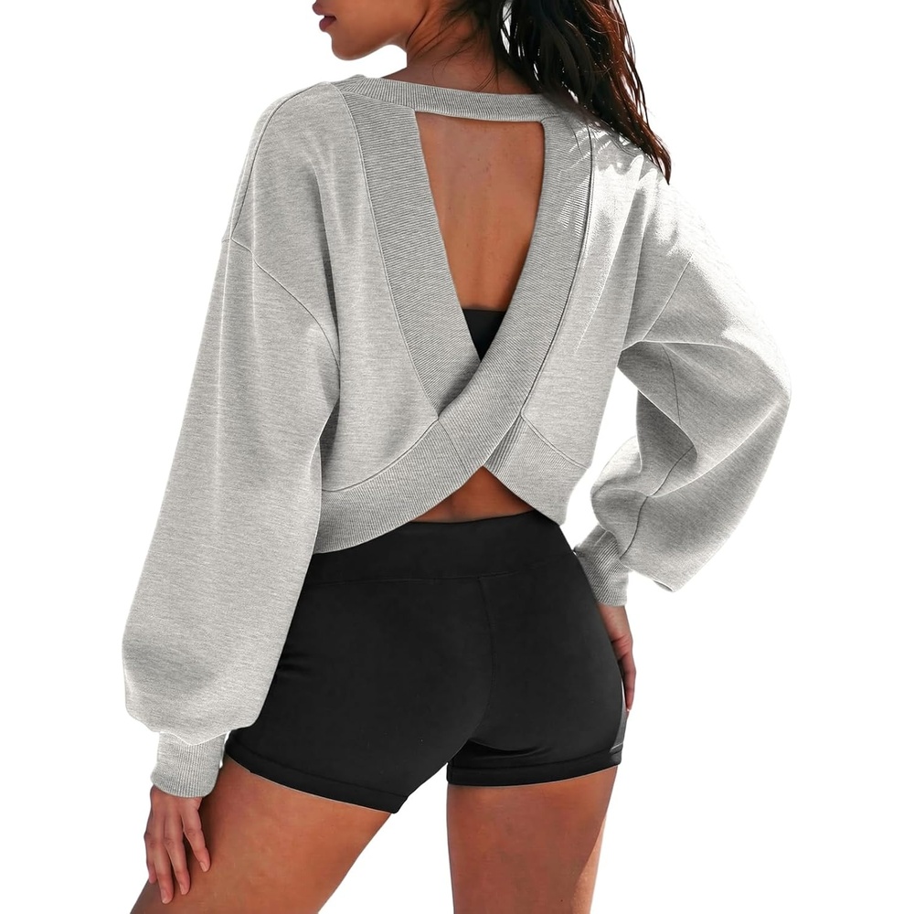 image:imageATHMILE Womens V Neck Sweatshirt Open Back Crop Top Long Sleeve Fashion Sexy Y2K Casual Fall Clothes 2026Grey