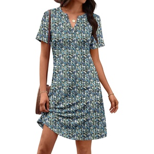 ATHMILE Dresses for Women Casual Summer Boho Dress Short Sleeve Fashion Beach Vacation Clothes V Neck Date Outfits(Blue Floral)