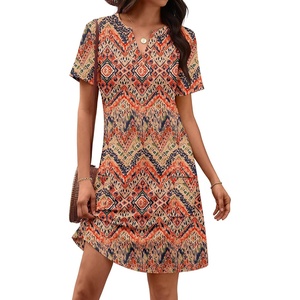 ATHMILE Dresses for Women Casual Summer Boho Dress Short Sleeve Fashion Beach Vacation Clothes V Neck Date Outfits(Boho Printed)
