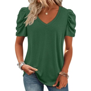 ATHMILE Womens Blouse Dressy Casual V Neck Puff Short Sleeve Tshirts Boho Fashion Summer Spring Tunic Top Clothes(Dark Green)