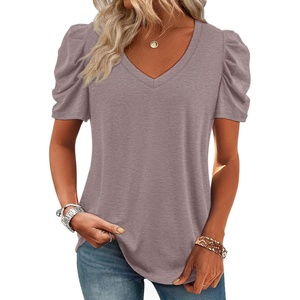 ATHMILE Womens Blouse Dressy Casual V Neck Puff Short Sleeve Tshirts Boho Fashion Summer Spring Tunic Top Clothes(Grey Purple)